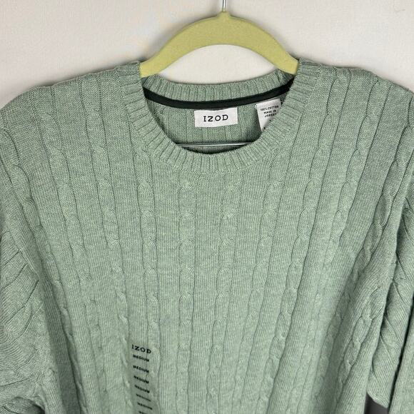 New Izod Sage Green Cable Knit Minimalistic Cotton Soft Crew Neck Sweater Medium - Picture 3 of 11